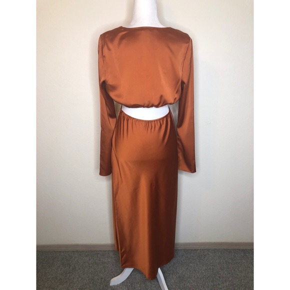 NWT WAYF Rust Cutout Midi Evening Dress Long Sleeve V Neck Bronze Copper Small - Picture 6 of 16